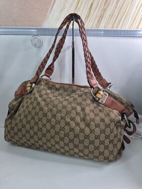 Gucci Beige Brown GG Canvas Shoulder Bag with Braided Leather Handles